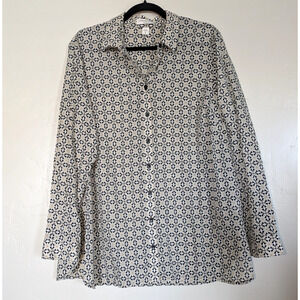 Coldwater Creek Blouse Womens XL 18 Long Sleeve Black Gold Tan Cotton Geometric